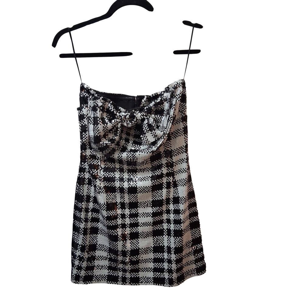 Eva Franco Sequined Plaid Mini Dress Anthropologie Black White Oversized Bow-0